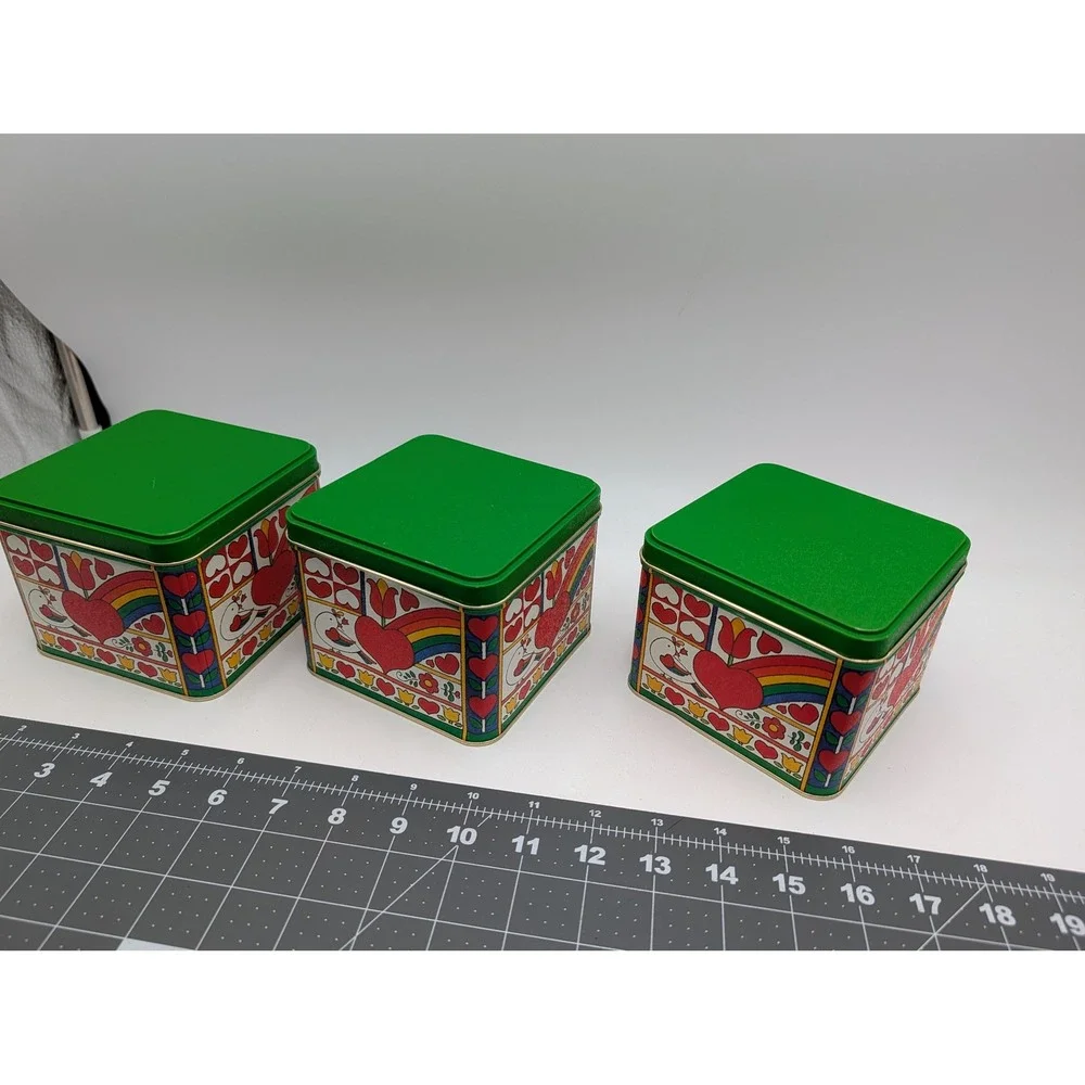 Potpourri Press Tin Canister Lot Green Hearts Rainbow Birds Tulips 3 Piece